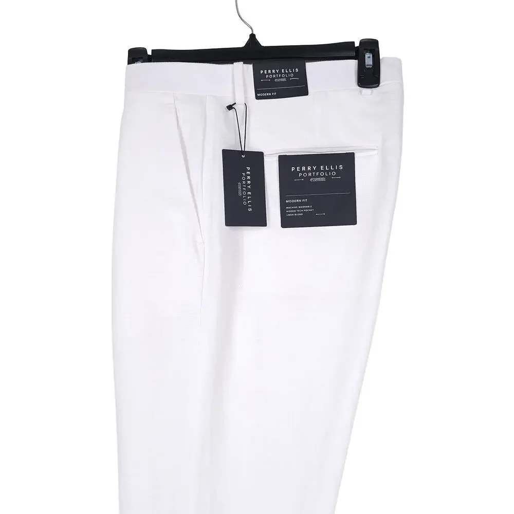 Perry Ellis Portfolio Mens Modern Fit Dress Pant 32x30 Bright White Linen Cotton